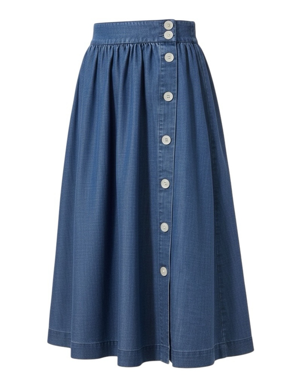 LOFT Blue Button-Front Gathered Midi Skirt